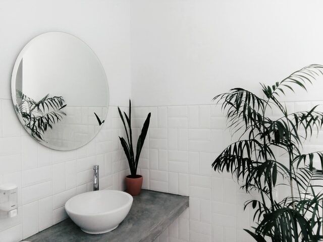 Bathroom with white tiles, round mirror, concrete countertop, vessel sink, and potted plants