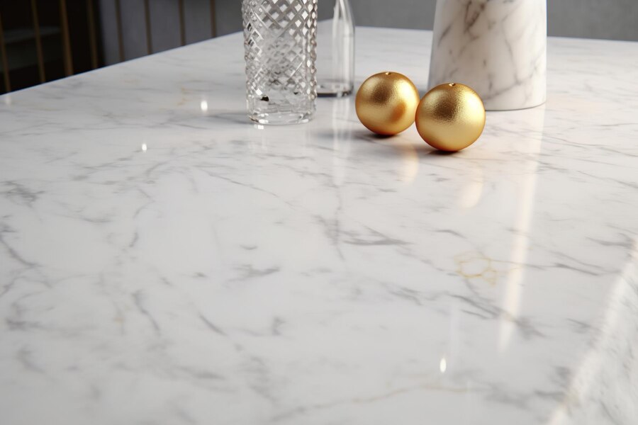 Close-up of a polished white ceramic countertop with gray veining, featuring a crystal glass, marble vase, and gold spheres