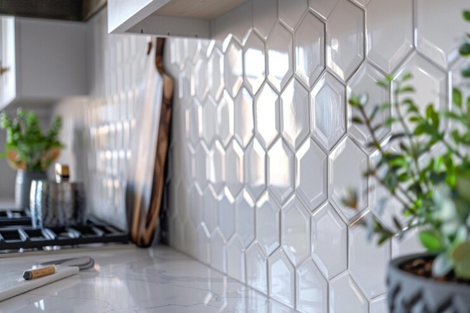 Glossy white hexagonal ceramic tile backsplash with marble-like countertop and kitchen decor