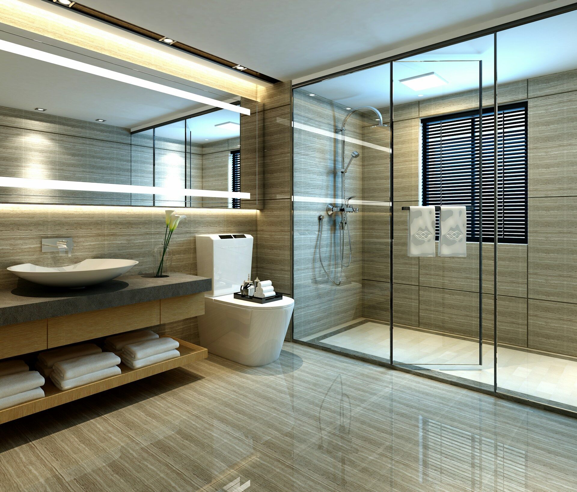 Modern bathroom featuring a glass shower, vessel sink, and wood-look tile walls and floor