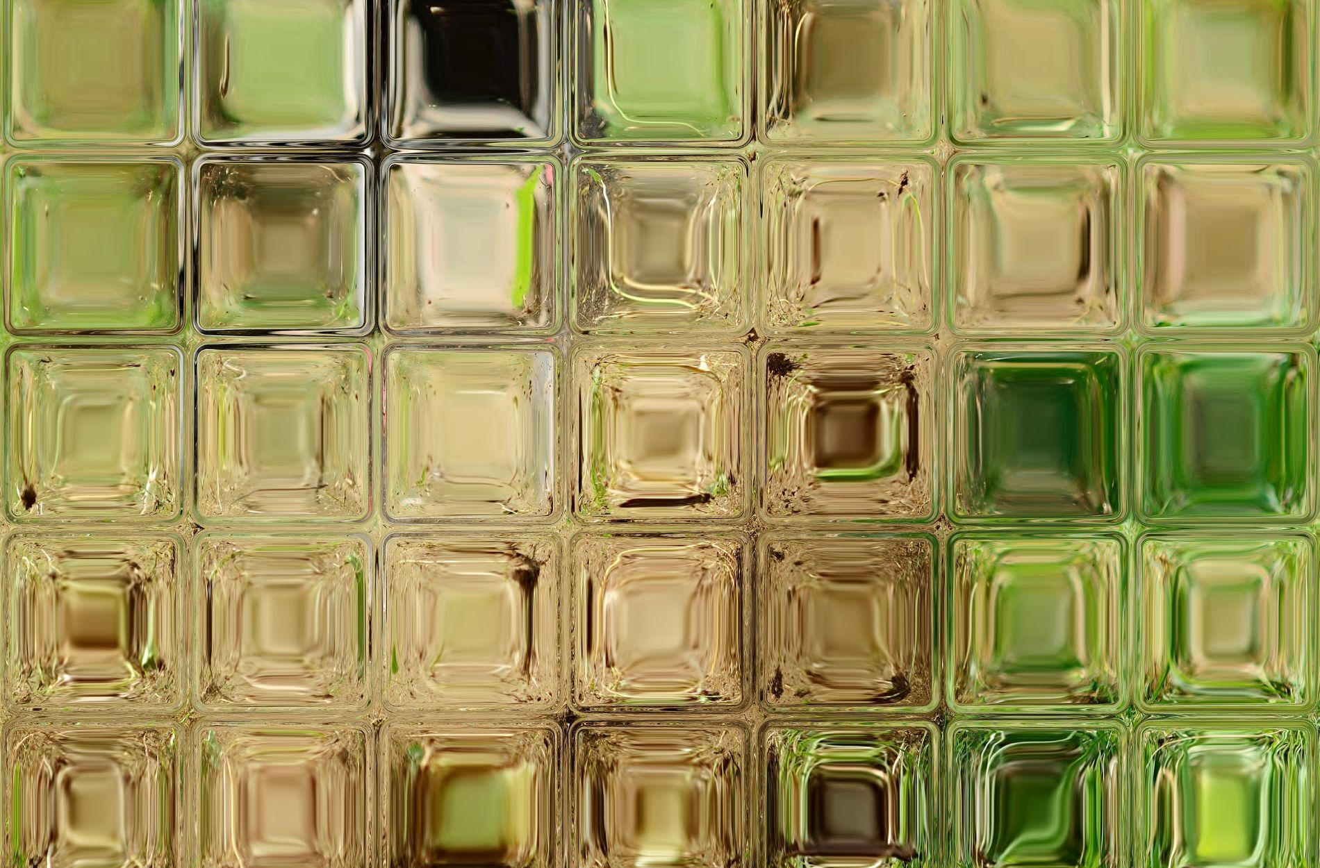 Close-up of a wall with square glass tiles in green and beige shades, showcasing eco-friendly design