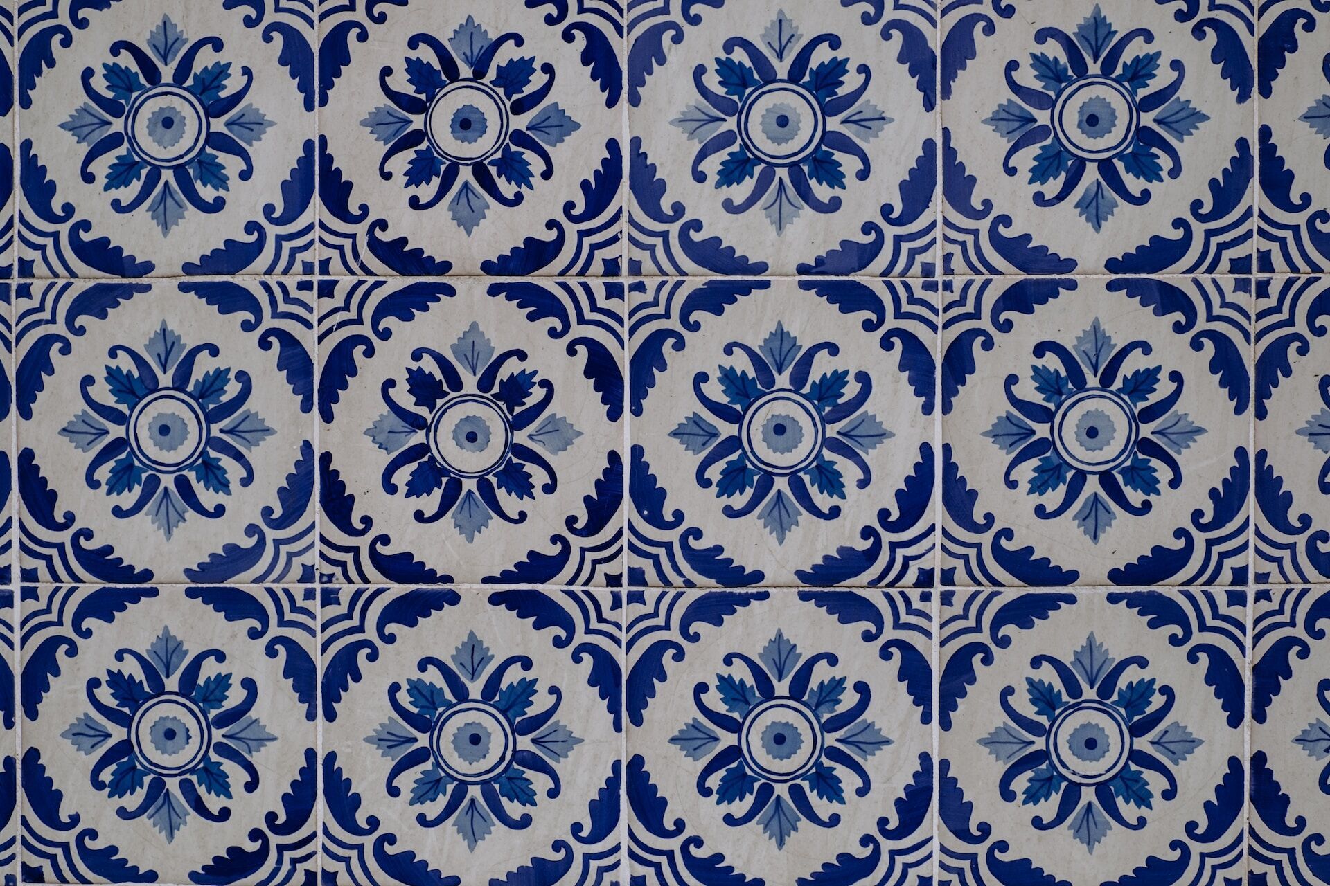 Blue and white porcelain tiles with floral and geometric patterns