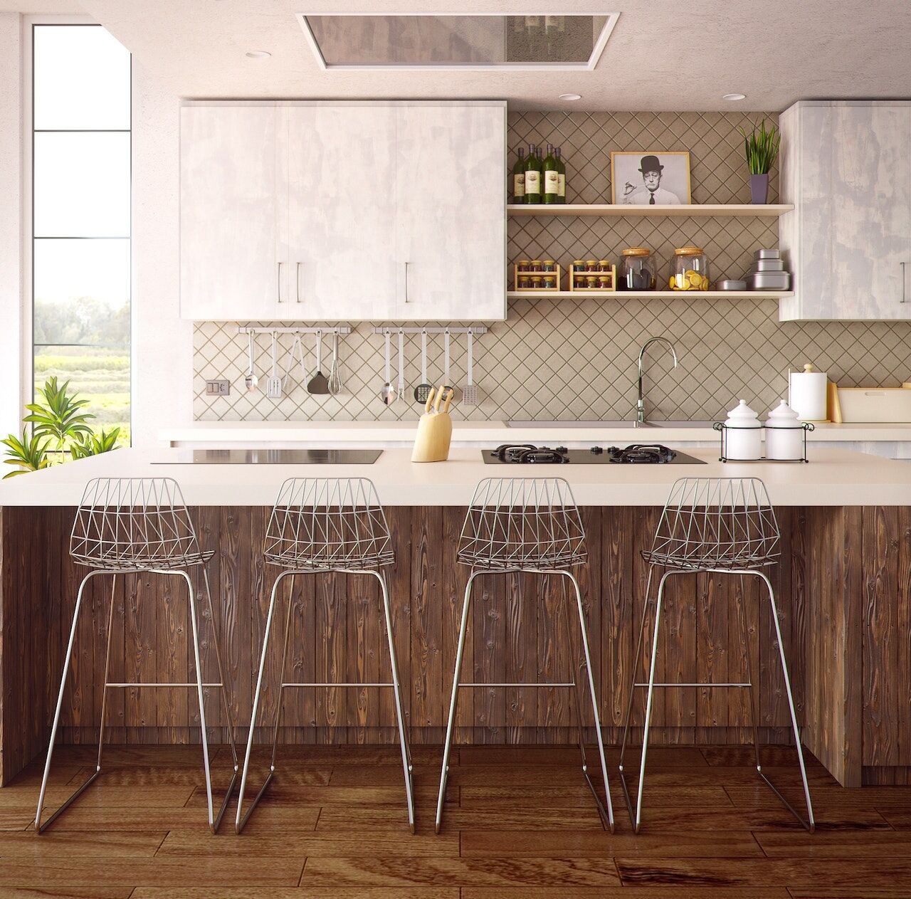 Modern kitchen with white countertop, wooden cabinets, and tile backsplash with wire-frame stools