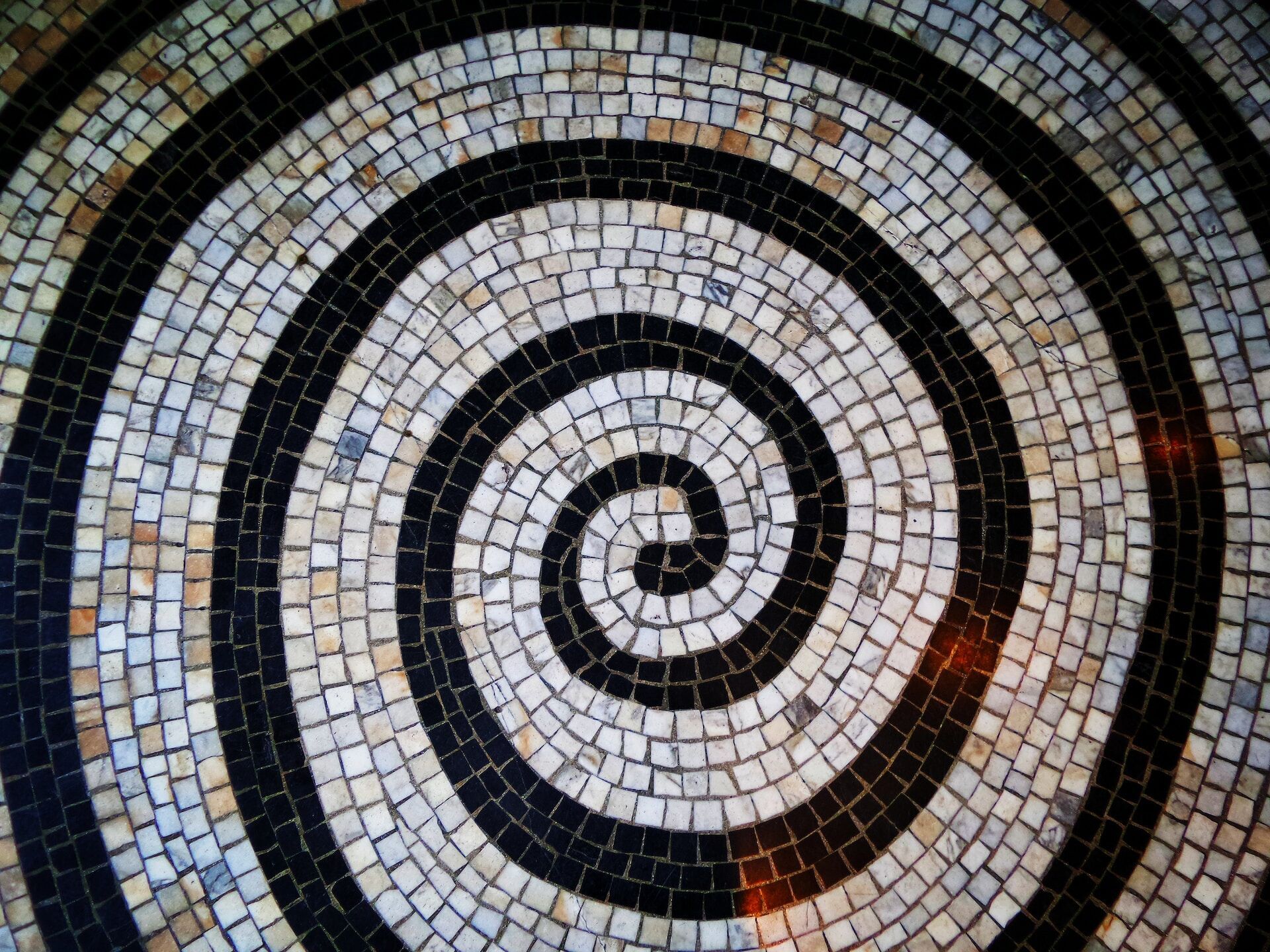 Circular mosaic tile pattern with concentric black and white rings made of small square tiles